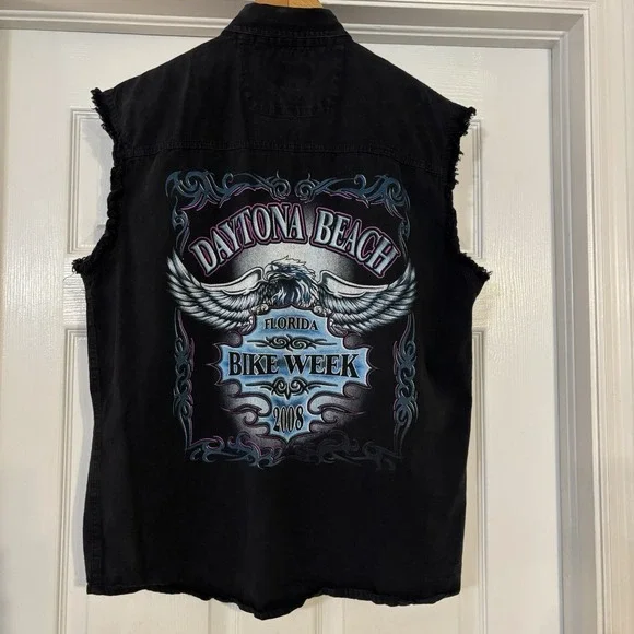 Mens 2008 Daytona Beach Bike Week Black Denim Vest Motorcycles Riding Size Lg - Picture 2 of 6